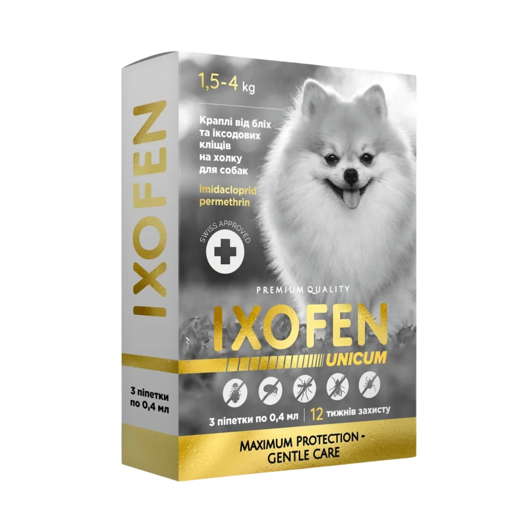 Краплі IXOFEN проти іксодових кліщів, бліх та комарів для собак 1.5-4 кг (3 піп. по 0,4 мл.)