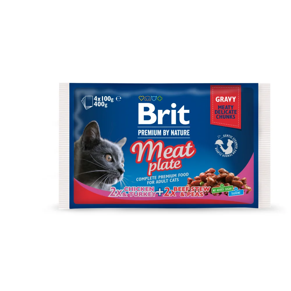 Корм вологий Brit Premium Cat Meat Plate pouches набір для котів м’ясна тарілка курка та індичка з тушкованою яловичиною та