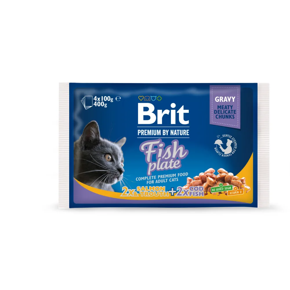 Корм вологий Brit Premium Cat Fish Plate pouches набір паучів для котів рибна тарілка з тріскою, лососем та фореллю 100 гх4