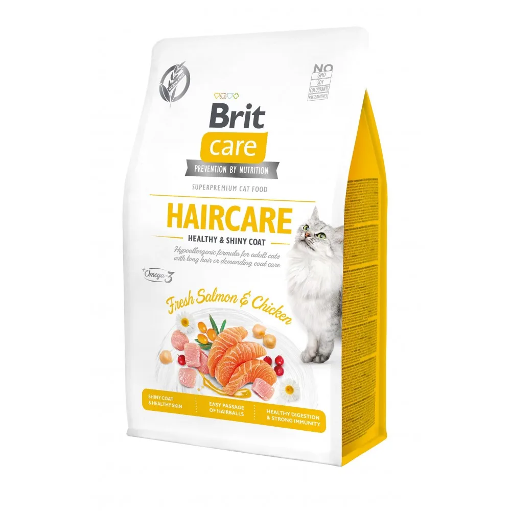 Корм сухий Brit Care Cat Grain Free Haircare Healthy & Shiny Coat для котів догляд за шкірою і шерстю лосось та курка 400 г