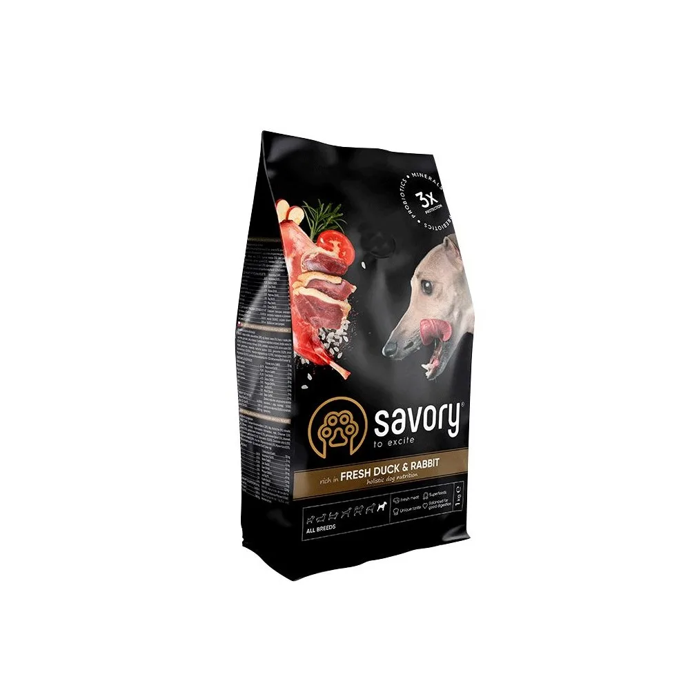 Корм сухий Savory Adult All Breeds rich in Fresh Duck & Rabbit для собак усіх порід зі свіжою качкою та кроликом 1 кг