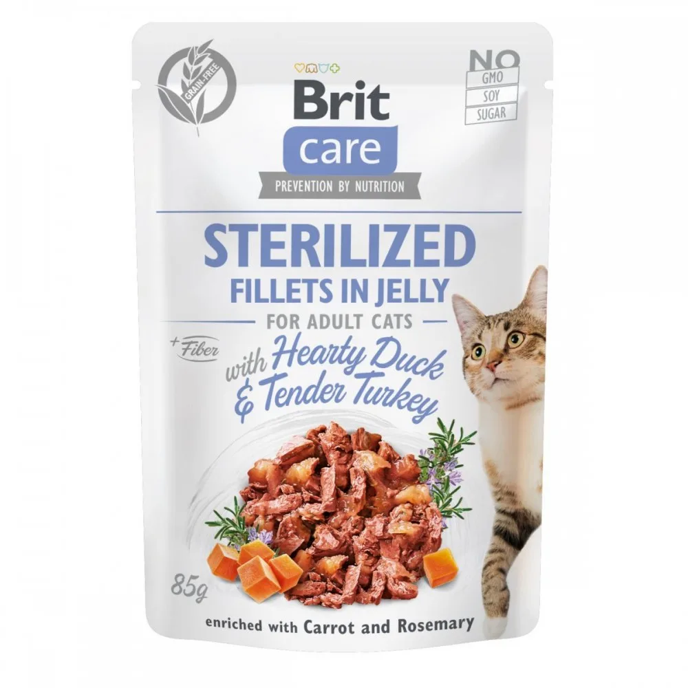 Корм вологий Brit Care Fillets in Jelly Hearty Duck & Turkey Sterilized для стерилізованих котів філе в желе з качкою та інд