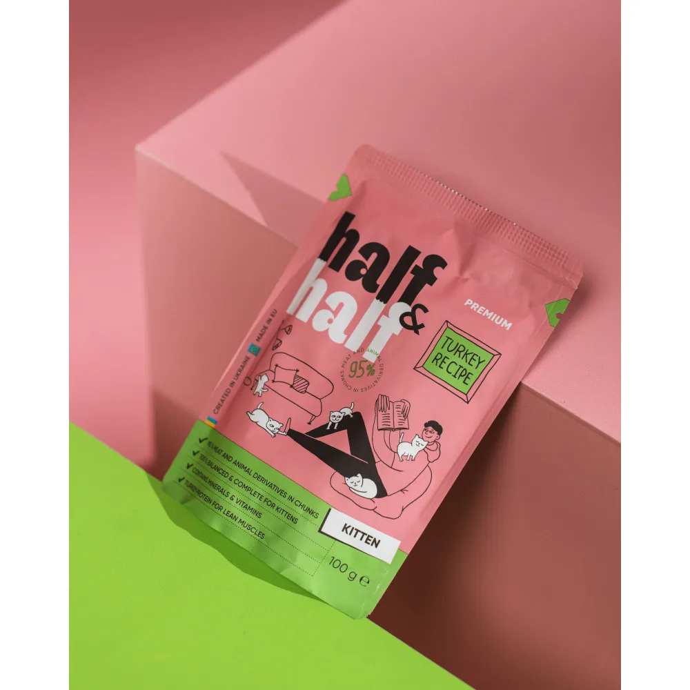 Корм вологий HalfHalf для кошенят шматочки з індичкою у желе у формі пауча 100г — фото 3