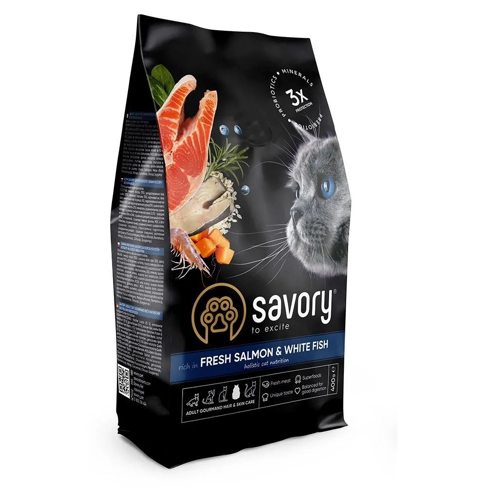 Корм сухий Savory Adult Cat Gourmand Fresh Salmon & White Fish для дорослих котів зі свіжим лососем і білою рибою 400 г