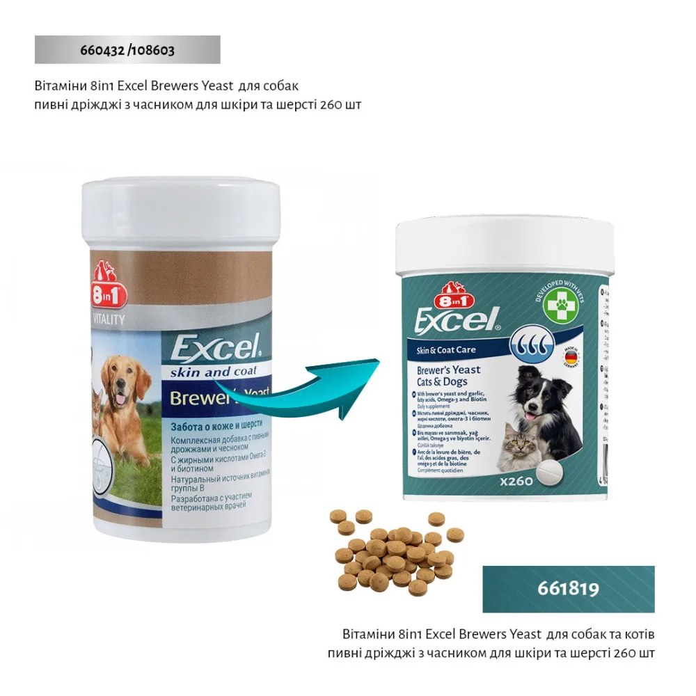 Вітаміни 8in1 Excel Brewers Yeast для собак та котів пивні дріжджі з часником для шкіри та шерсті 260 шт — фото 2