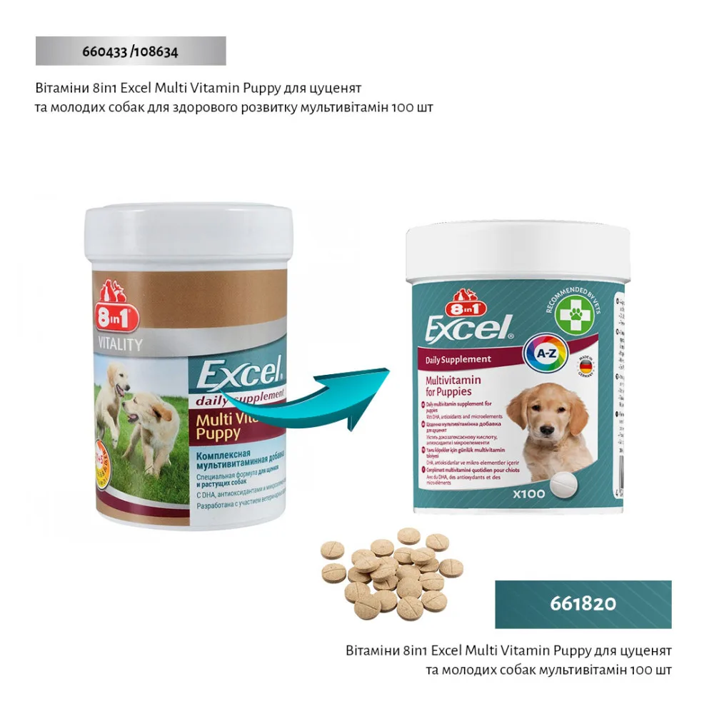 Вітаміни 8in1 Excel Multi Vitamin Puppy для цуценят та молодих собак мультивітамін 100 шт — фото 2