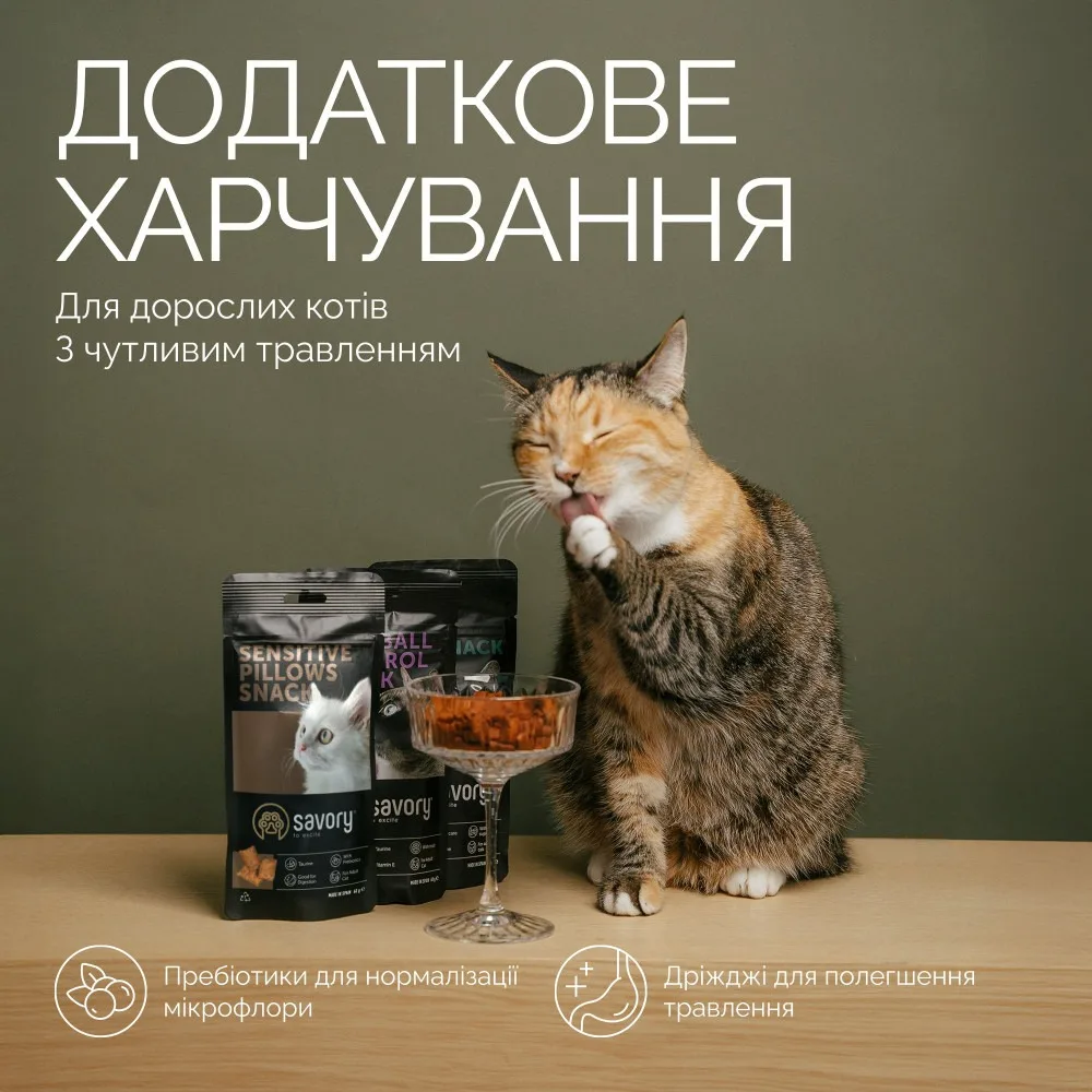 Хрумкі ласощі Savory Cats Snacks Pillows Sensitive для дорослих котів з чутливим травленням, 60 г — фото 3