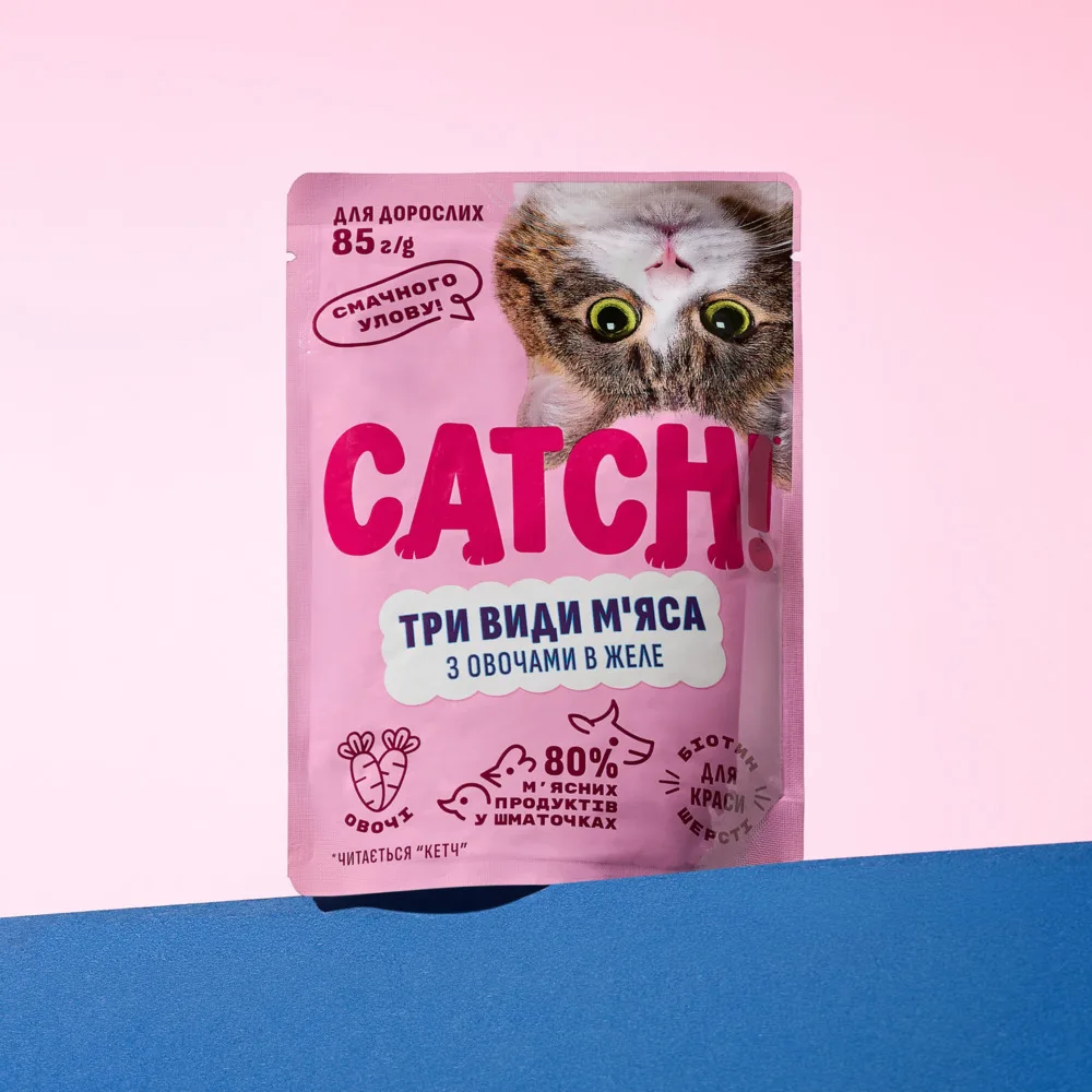 Корм вологий Catch! для дороcлих котів три види м’яса з овочами в желе 85 г — фото 3
