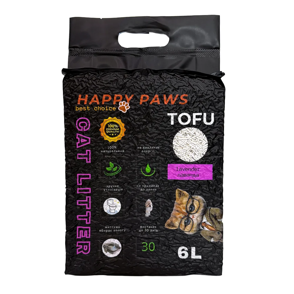 Наповнювач тофу HAPPY PAWS для котячих туалетів з ароматом лаванда, 6л/2,6кг — фото 2