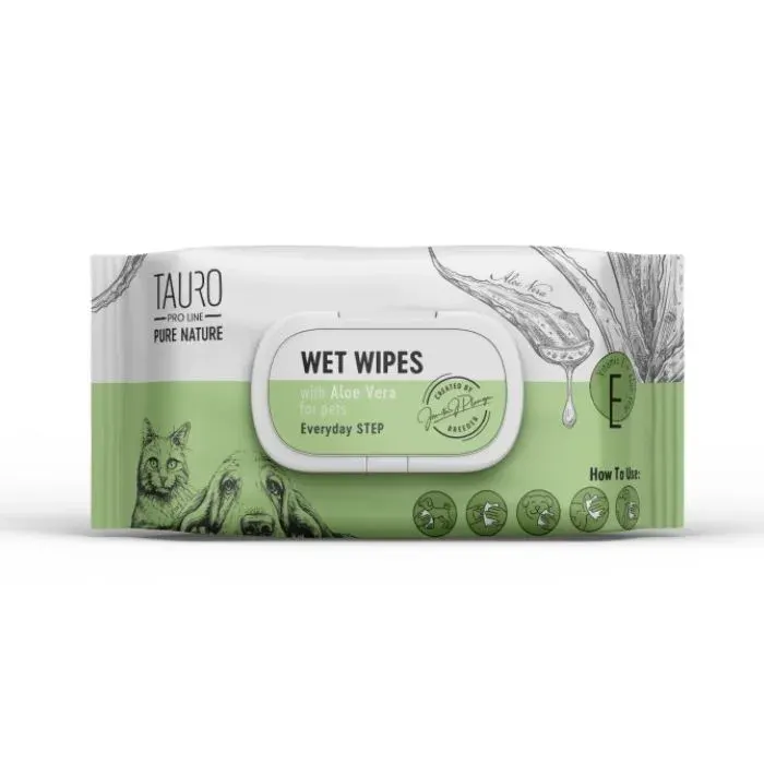 Tauro Pro Line Pure Nature Aloe Vera Вологі серветки для догляду за шерстю, вухами, лапами та носом з екстрактом алое вера, 40 шт